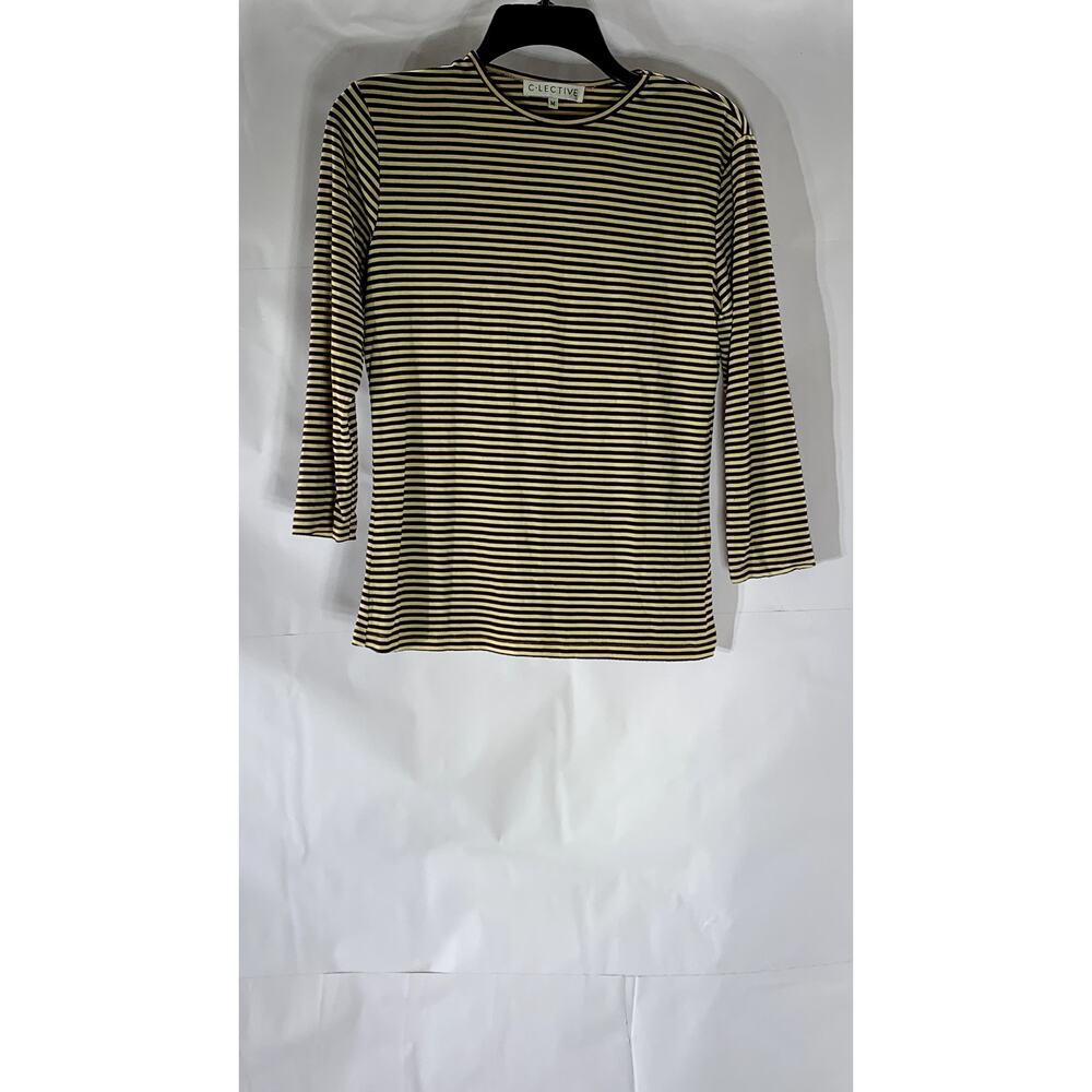 C-LECTIVE Women’s Tan-Brown Striped Crewneck 3/4 Sleeve Top SZ M